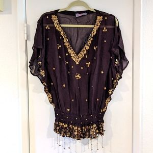 NWOT LOVE Brown Sheer Chiffon Gold Metal Sequin Beaded Short Sleeve Top - S/M